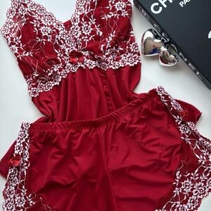 Lace-Trim Satin Camisole & Shorts Pajama Set - Red